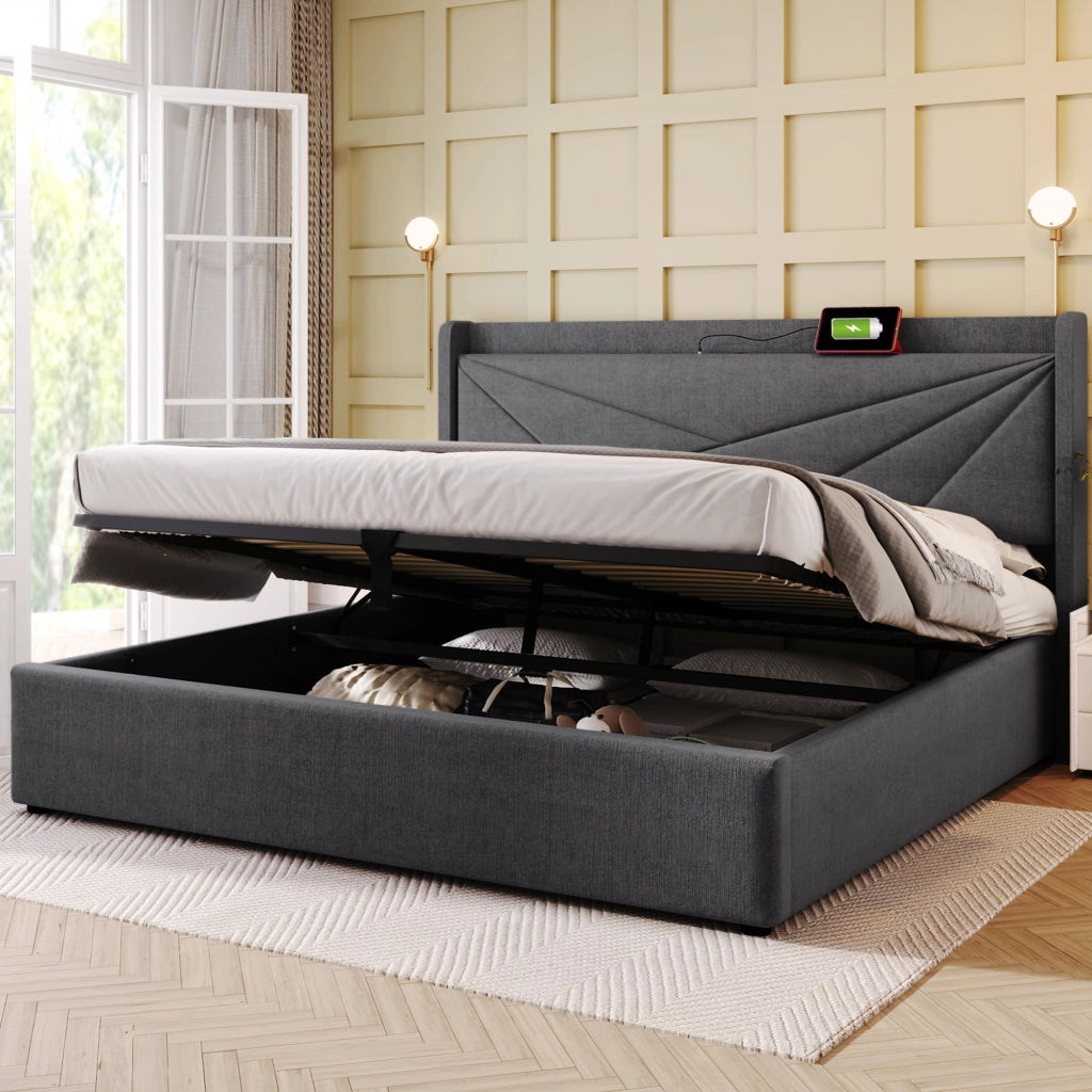 OKWISH Letto Contenitore 140×200 cm, Letto Matrimoniale con USB, Tipo C e Testiera, senza Materasso, in Tessuto Lino Cotone, Grigio