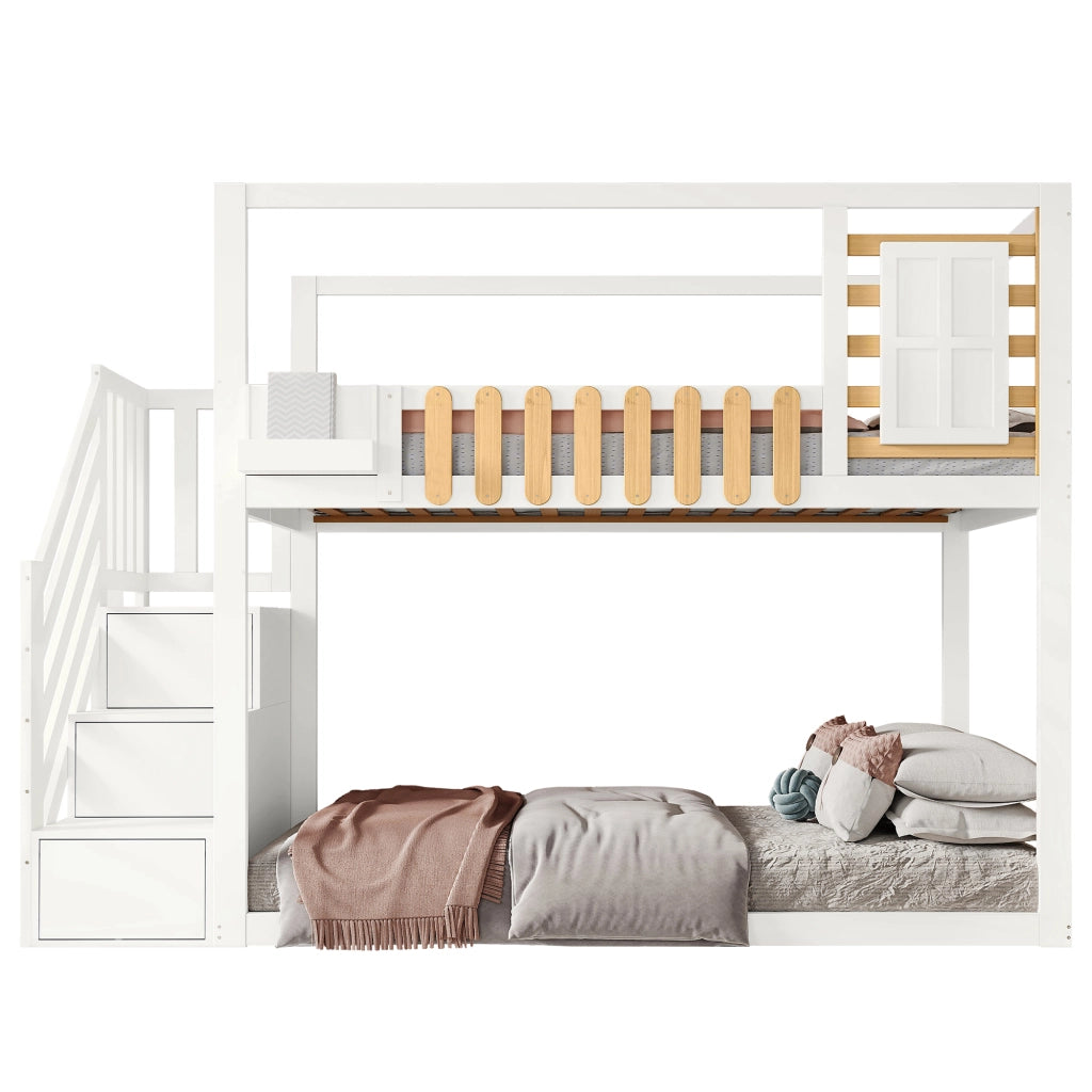 Letto a castello con scala e finestra - Zephmum- 90x200cm bianco, scaffali e cassetti