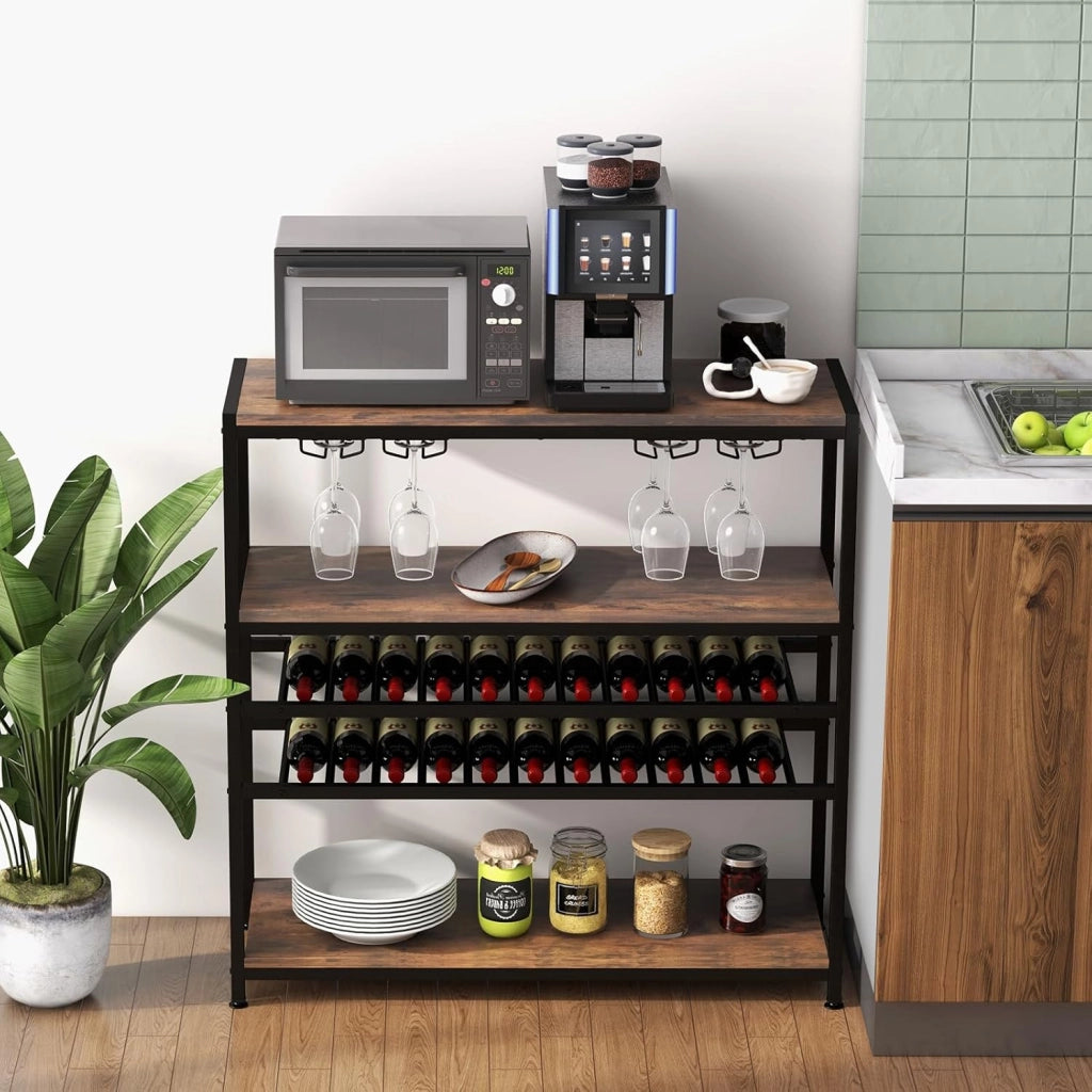 Mobile Portabottiglie a 5 Livelli, Portabottiglie per Vino da Terra con 2 Ripiani Porta Vini, 4 Porta Calici Piano Spazioso e Ripiani Aperti, per Cantine, Sala da pranzo, Cucina