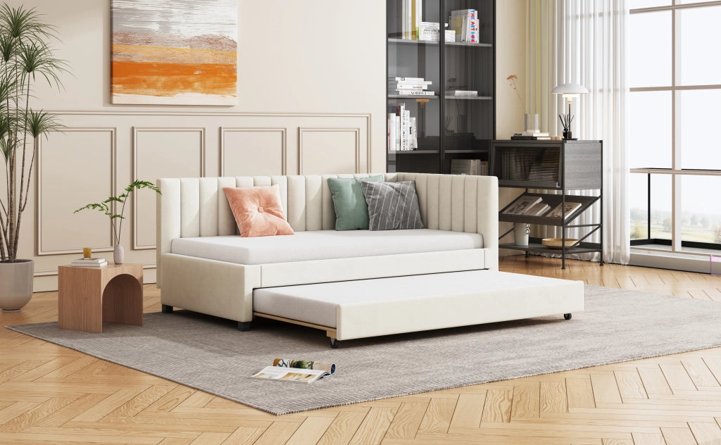 DESMIU Lit gigogne 90 × 200 cm 1 place con letto estraibile, senza materasso, in velluto beige