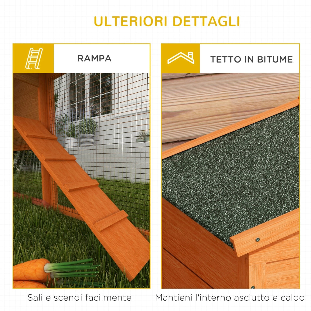 Conigliera a 2 Piani da Esterno 150x45x85 cm in Legno di Abete e Filo di Metallo Arancione