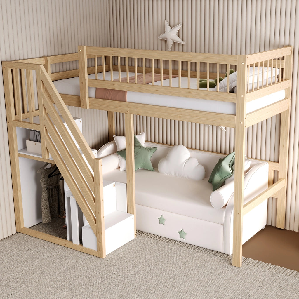OKWISH Letto a Soppalco 90×200 cm, Letto Singolo con Scala Contenitore e Sponda, senza Materasso, in Legno, Naturale