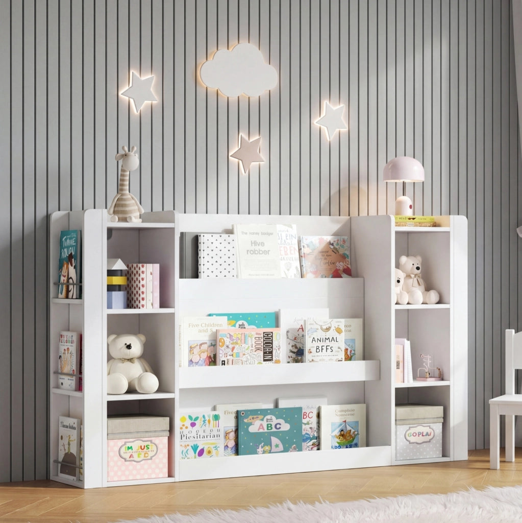 Libreria per bambini con vani aperti e angoli arrotondati in MDF bianco