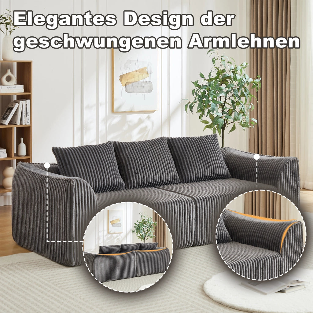 Divano modulare in velluto a coste con linee curve e cuscini in tessuto grigio
