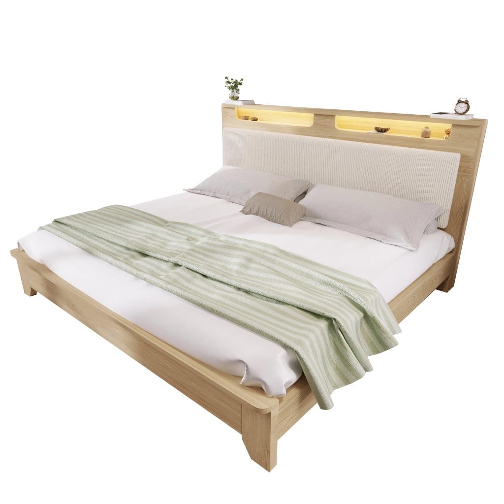 Letto matrimoniale in legno - Zephmum- 160¡Á200cm- Quercia chiara- Testiera con LED e ripostiglio