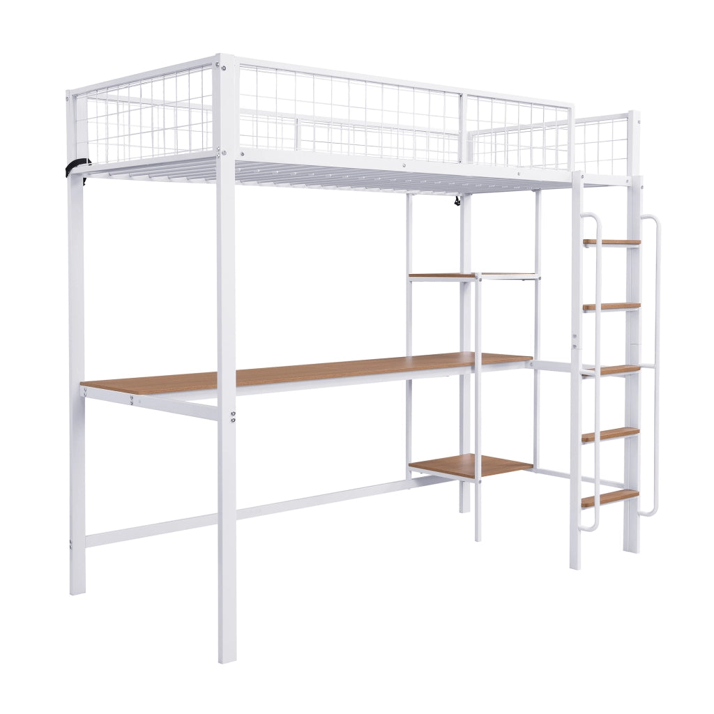 Letto a soppalco 90x200 cm con scrivania e scaffali in metallo e legno bianco e naturale