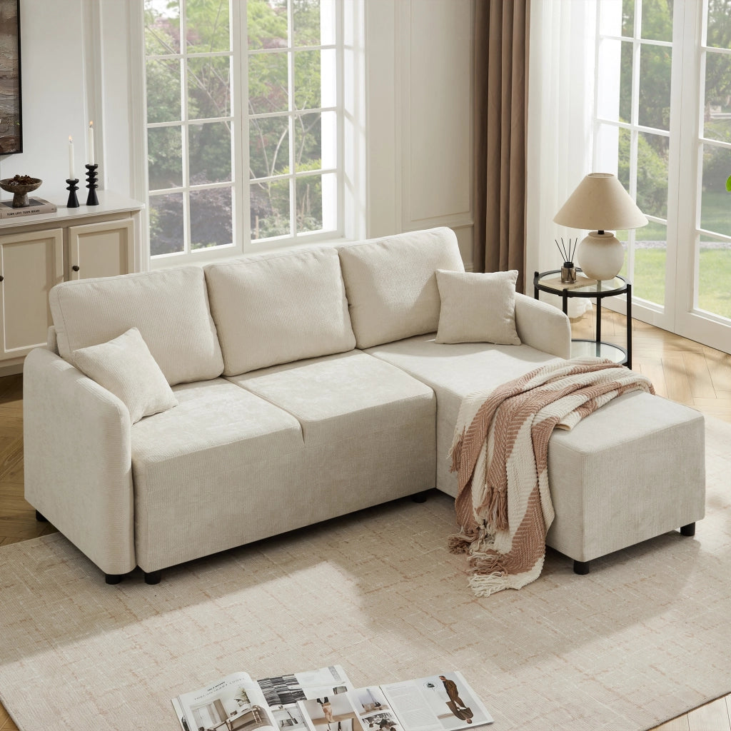 Divano angolare 3 posti con chaise longue integrata e 2 cuscini in chenille beige chiaro