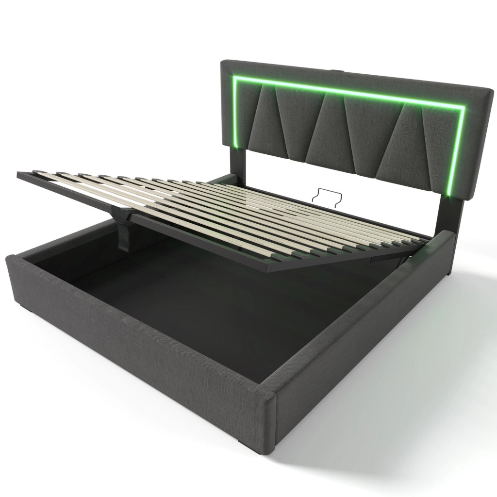 Letto contenitore matrimoniale 140×200 cm con testiera regolabile; USB; Type-C; LED; materasso incluso; grigio