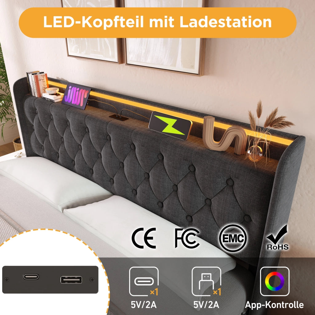 Letto matrimoniale di 140x200cm in lino grigio con 360 LED telecomando sistema di stoccaggio idraulico e porta USB Type-C senza materasso