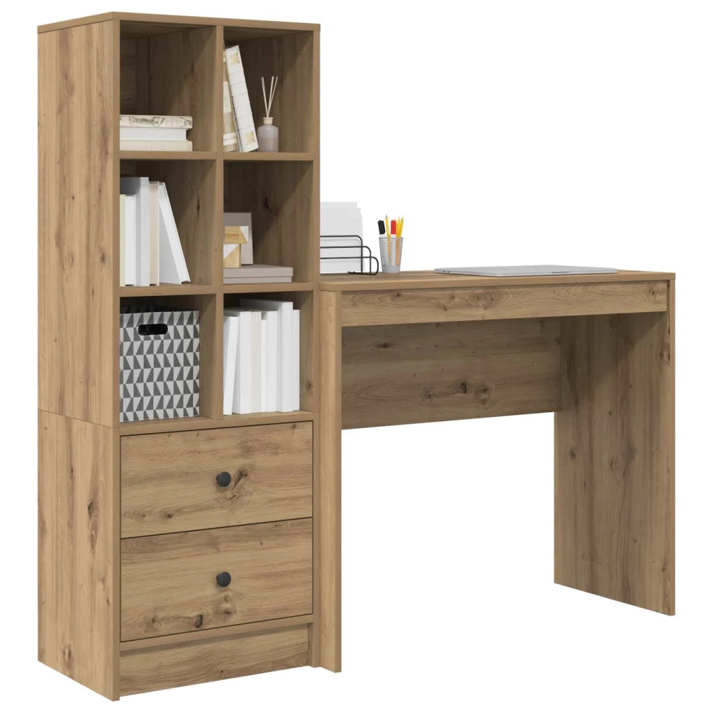 Scrivania | Tavolo da Ufficio con cassetto con lo scaffale 2 pz Rovere artigianale