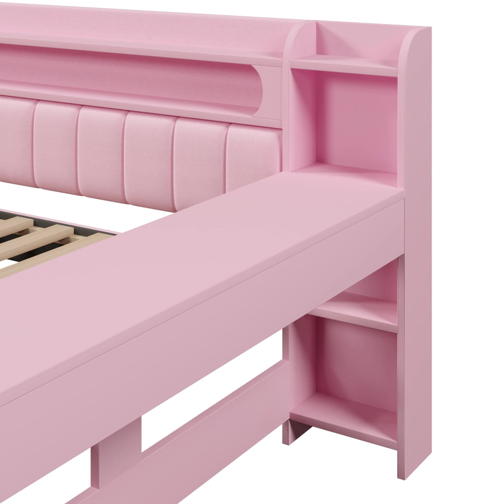Daybed imbottito 140x200 cm con USB; LED; scrivania e 2 cassetti; rosa