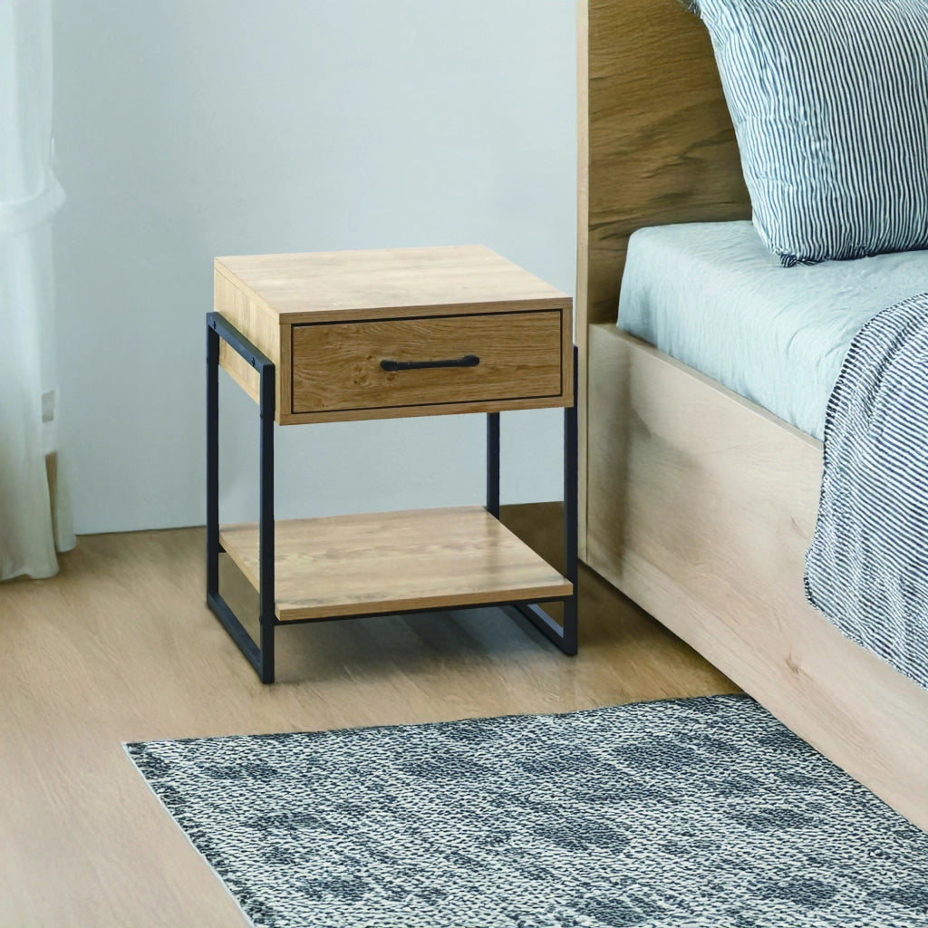 Comodino In Legno Metallo Con Cassetto Con Maniglia E Scomparto Aperto Camera Da Letto Portalibri Oggetti Mensola Libreria Stile Industrial
