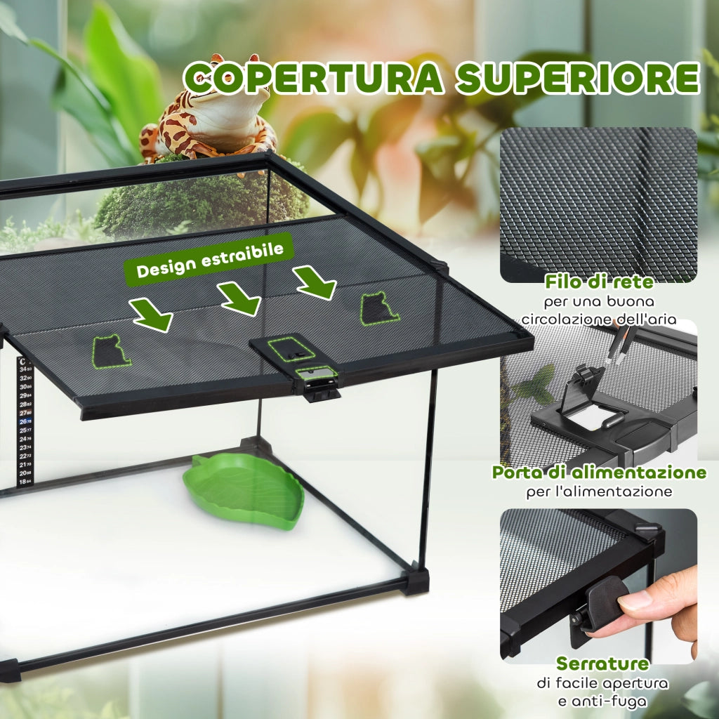Terrario per Rettili Rialzato ¨C Xylo ¨C Vetro e Rete Metallica con Serratura e Termometro, 50x30x35 cm, Nero