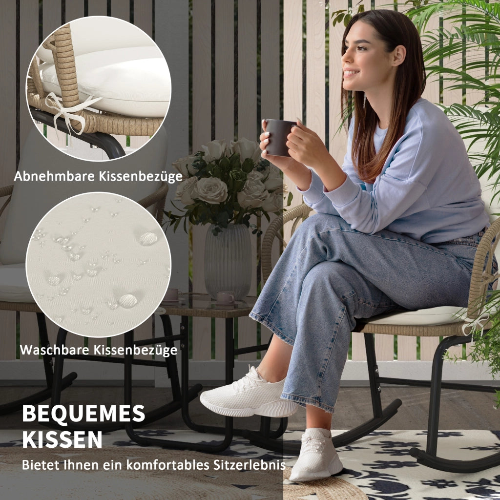 Set di 3 pezzi in rattan con 2 sedie a dondolo e 1 tavolino da caff¨¨, set di mobili da giardino con cuscini per patio e balcone.