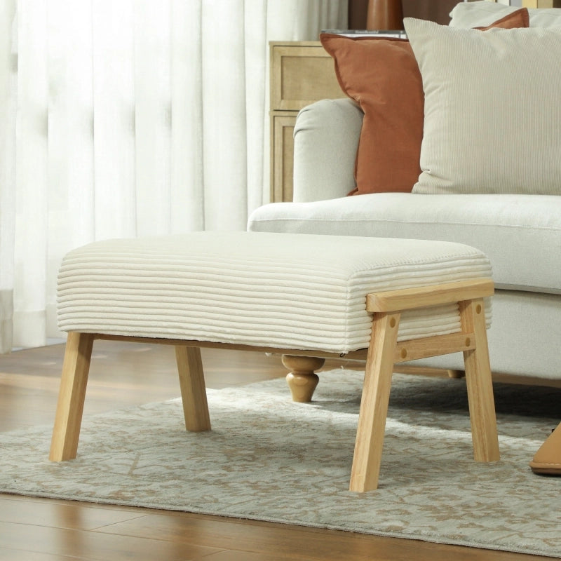 Poggiapiedi con morbido cuscino di seduta, gambe in legno, effetto velluto a coste, bianco crema