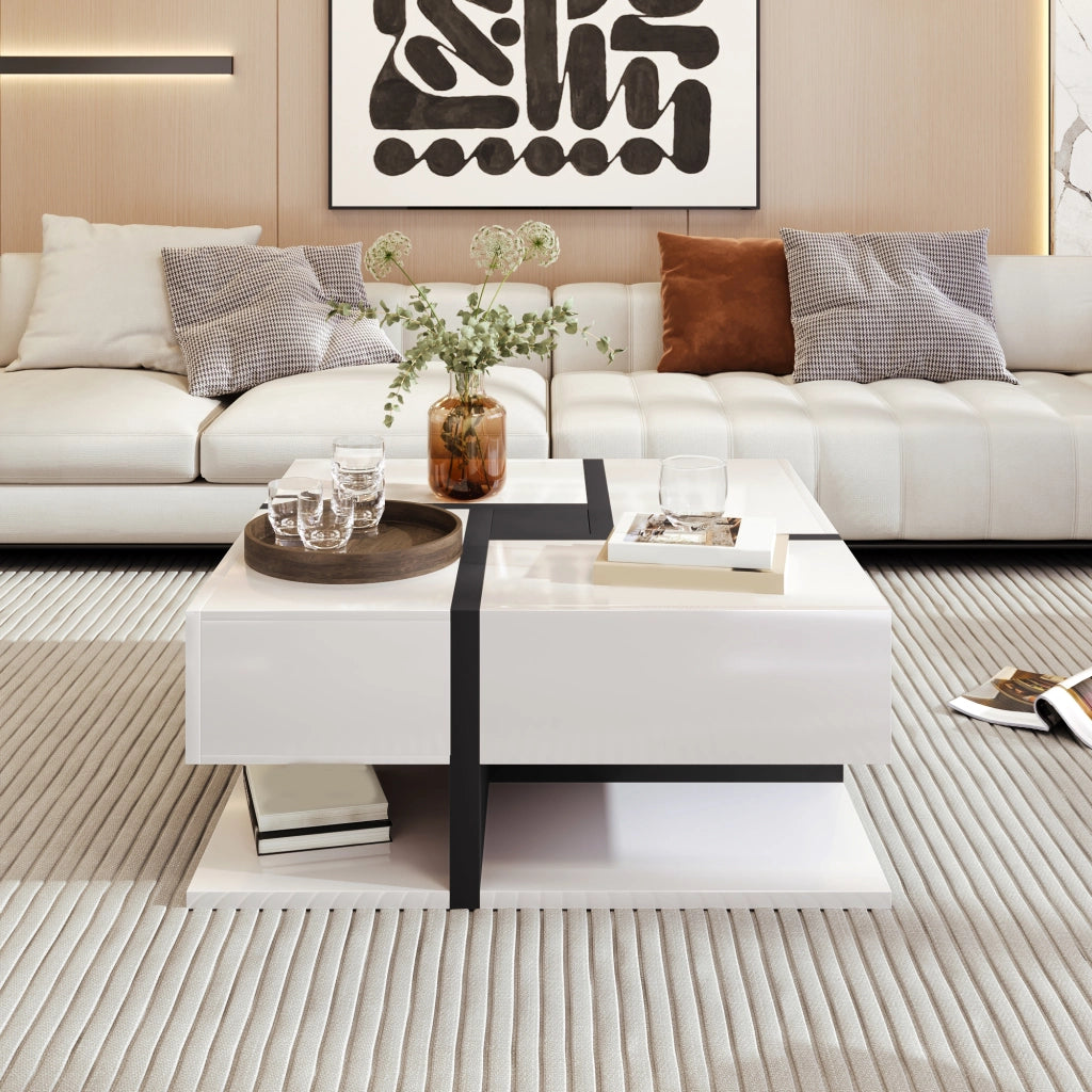 Tavolino da salotto quadrato 4 cassetti con ripiano aperto, finitura lucida, per soggiorno, in truciolare, bianco, 78 × 78 × 36 cm