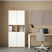 Credenza Pierre, Buffet da soggiorno, Madia da salotto, Dispensa da cucina, 80x34 h205 cm, Rovere e Bianco