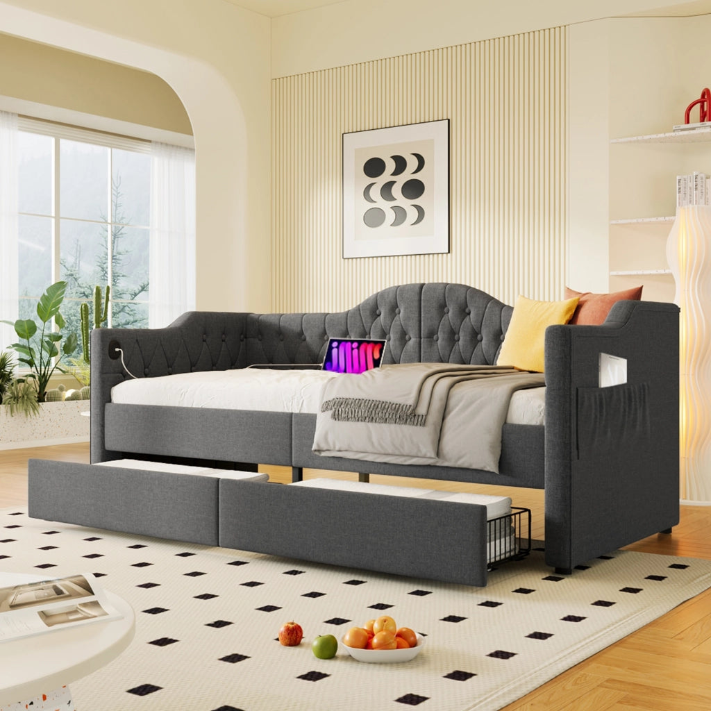 Letto a giorno imbottito con testiera trapuntata; 2 cassetti; porta USB/Tipo-C e tasche laterali; lino grigio; 90x200 cm; senza materasso