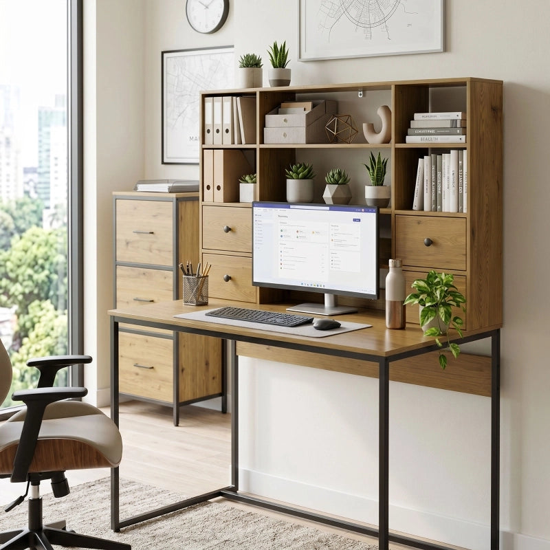 Scrivania per computer con 4 cassetti e ripiani, scrivania 105 cm, legno naturale