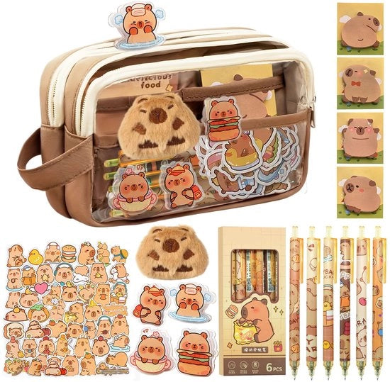 Set di scrittura Capybara, contenitore Capybara con contenuti, set di regali Capybara con etichette, note adesive, spille, per scuola e ufficio