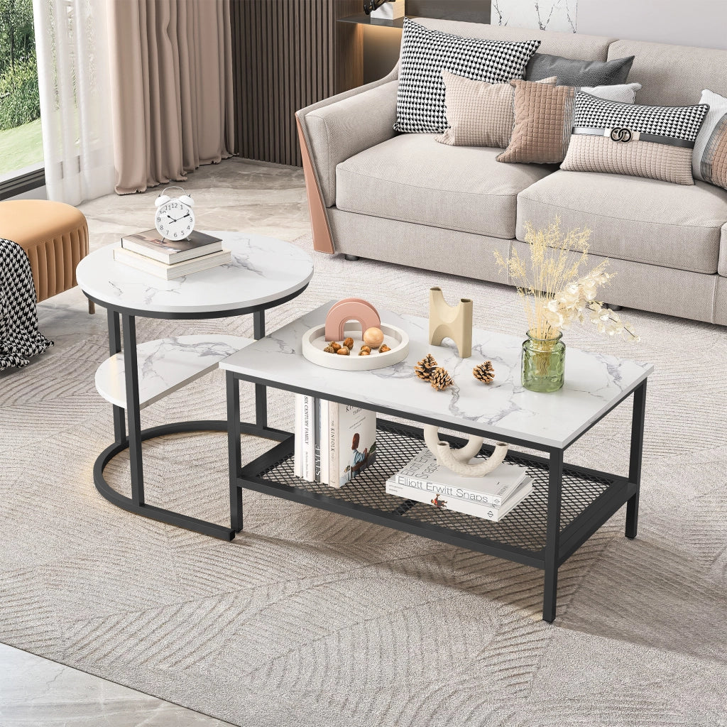 Tavolini salotto rotondi set 2 pezzi 80x46x41 cm con spazio contenitore tavolino da divano effetto marmo struttura in metallo - nero