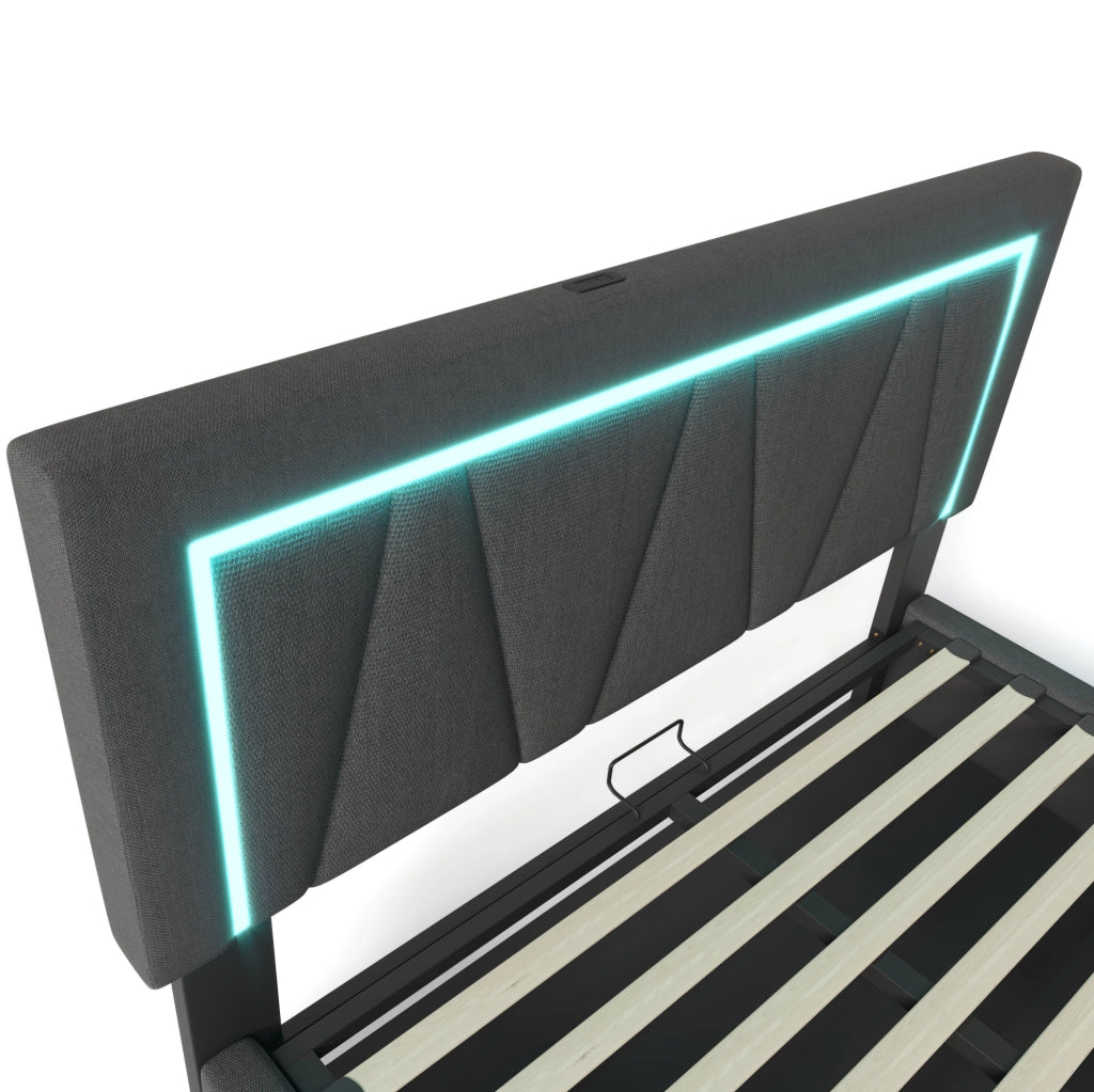 Letto imbottito con LED, USB e vano contenitore