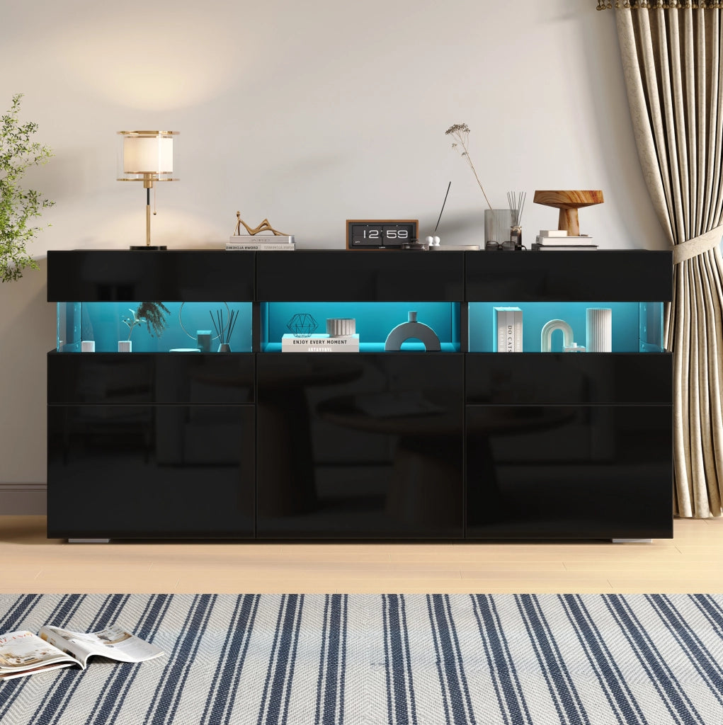 Madia da soggiorno 140 x 40;5 x 66;5 cm con 3 ante; LED controllato da app; nero lucido
