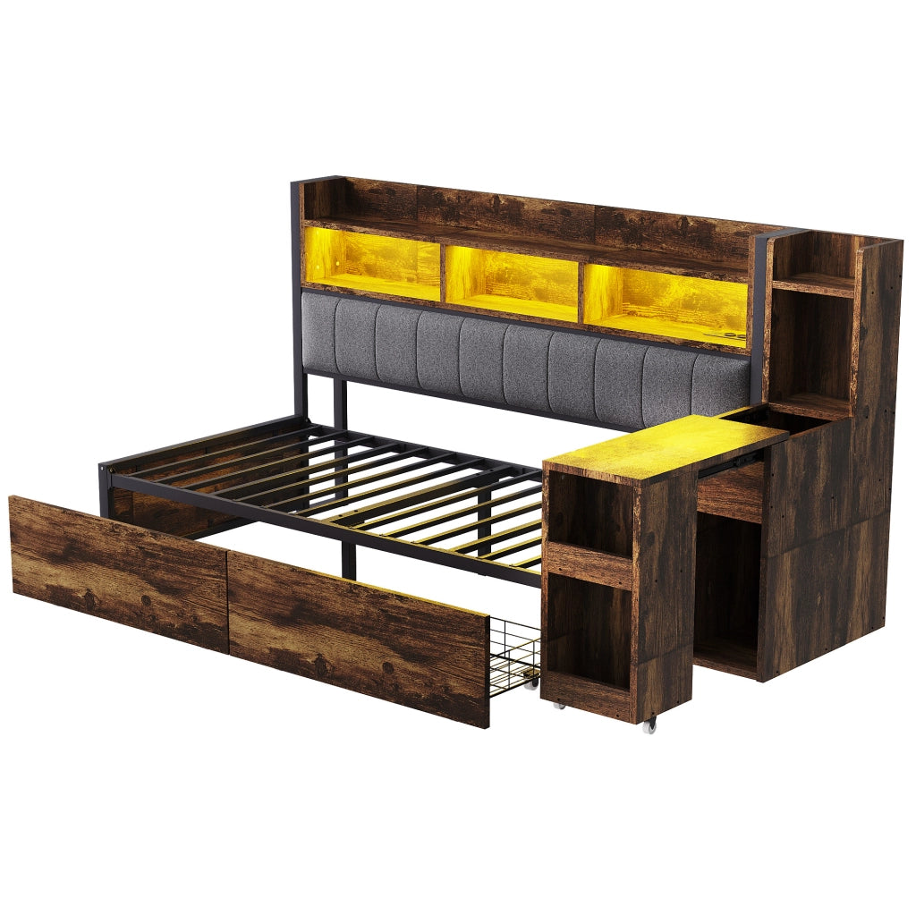 Letto singolo multifunzione 90x200 cm in metallo e legno; color legno naturale; con scrivania e vani contenitore