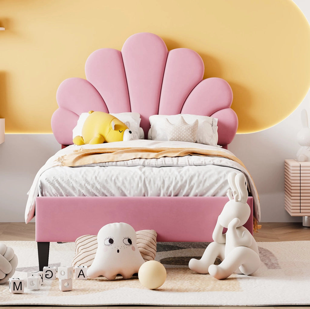 Letto imbottito 90x200 cm con testiera a forma di fiore; velluto rosa e rete a doghe