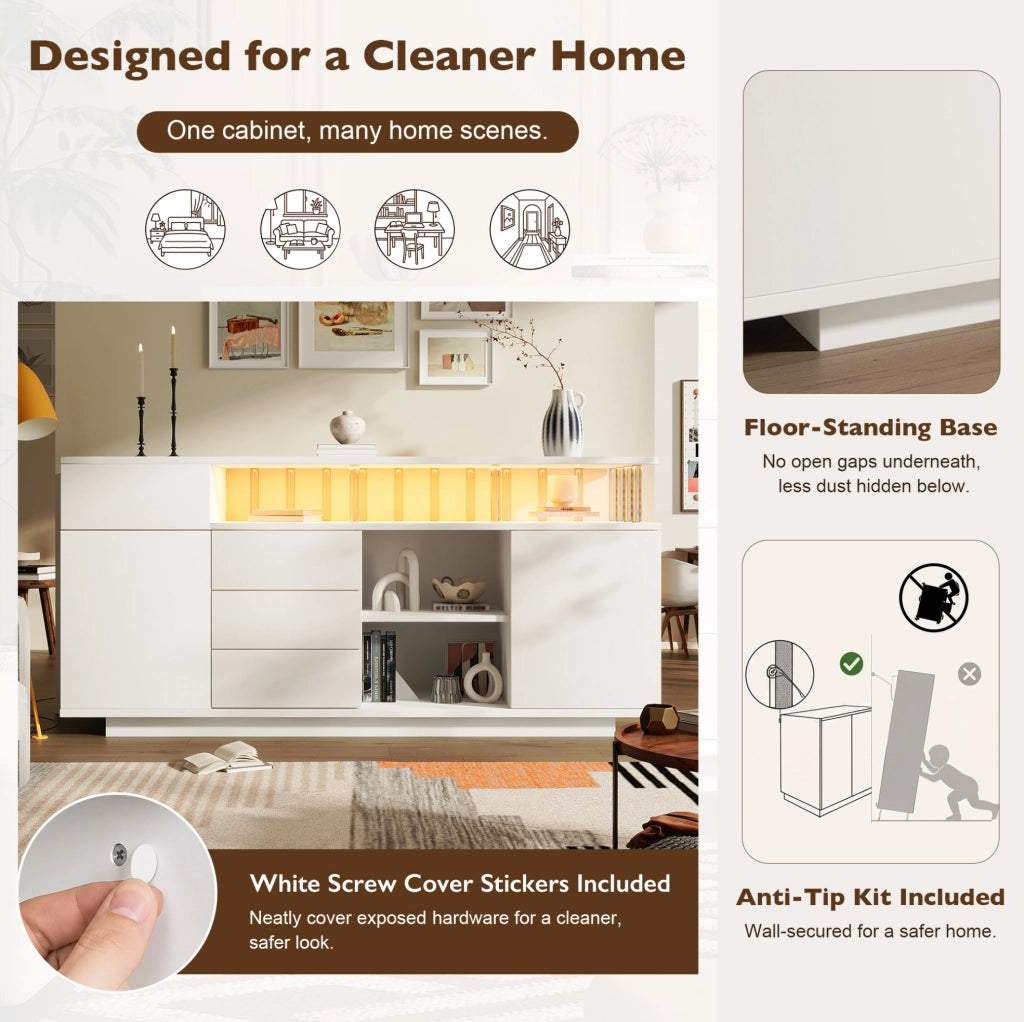 Sideboard bianco 160x40x75 cm con LED; ante e cassetti in MDF e acrilico