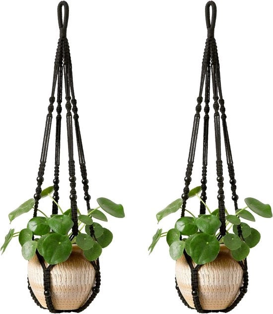 Porta piante a rete in macramé - 35 pollici Porta piante a rete - 2 pezzi di contenitore per piante appesi per interni con perle in legno - contenitore per piante decorativo senza cotonifici per interni ed esterni - (I contenitori non sono inclusi) - nero