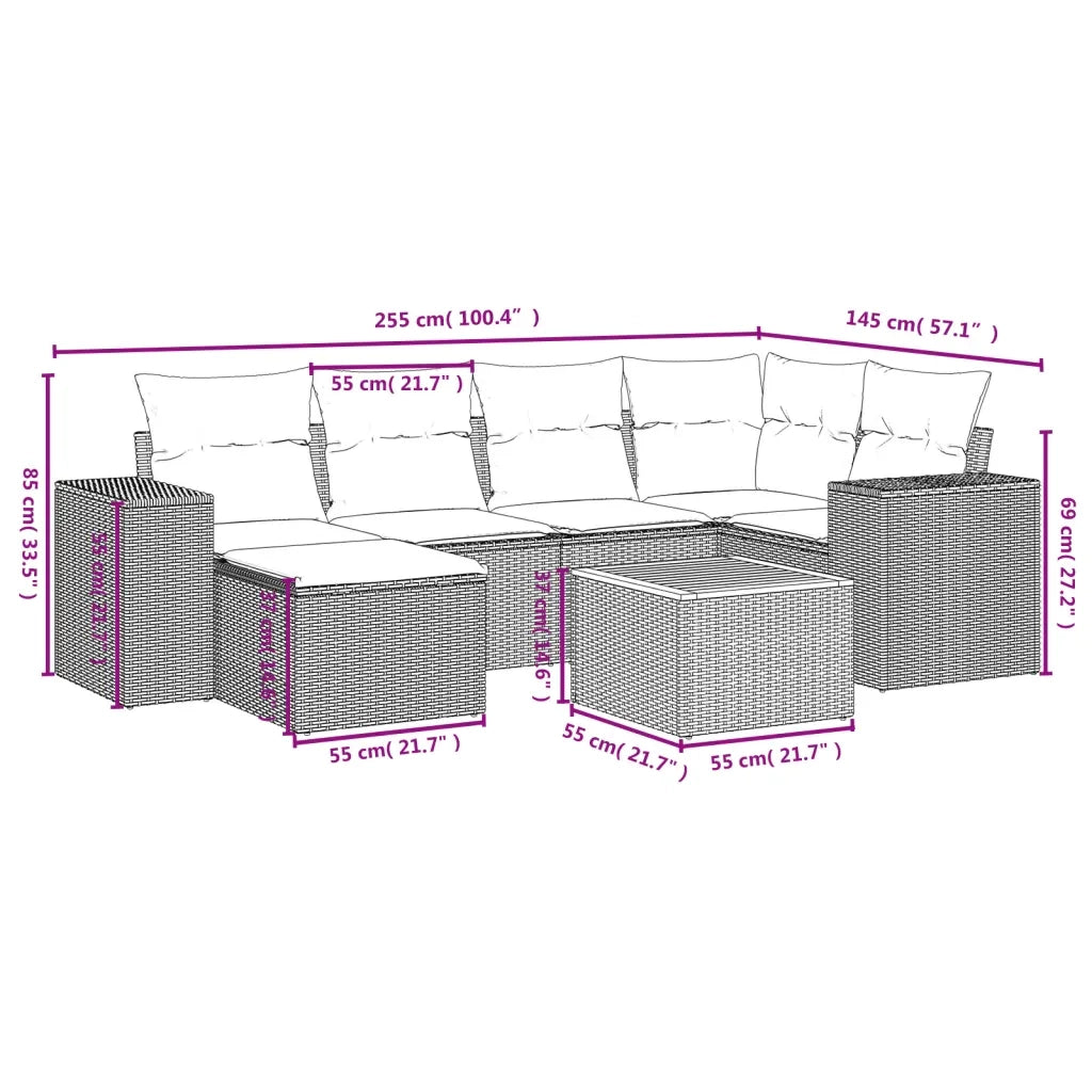 Set Divani da Giardino 7 pz con Cuscini Beige in Polyrattan