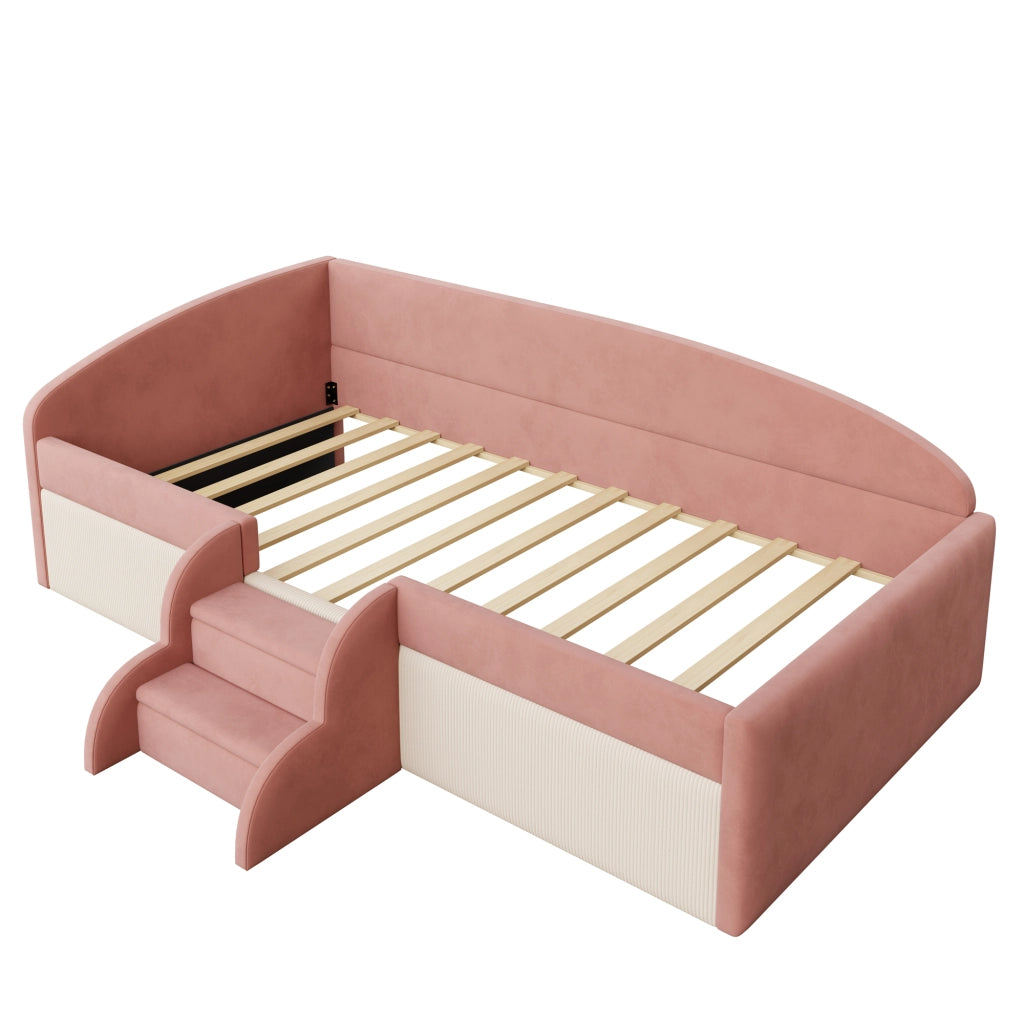 LETTO Imbottito con scalini e spondine 90x190 cm Velluto Rosa e Bianco