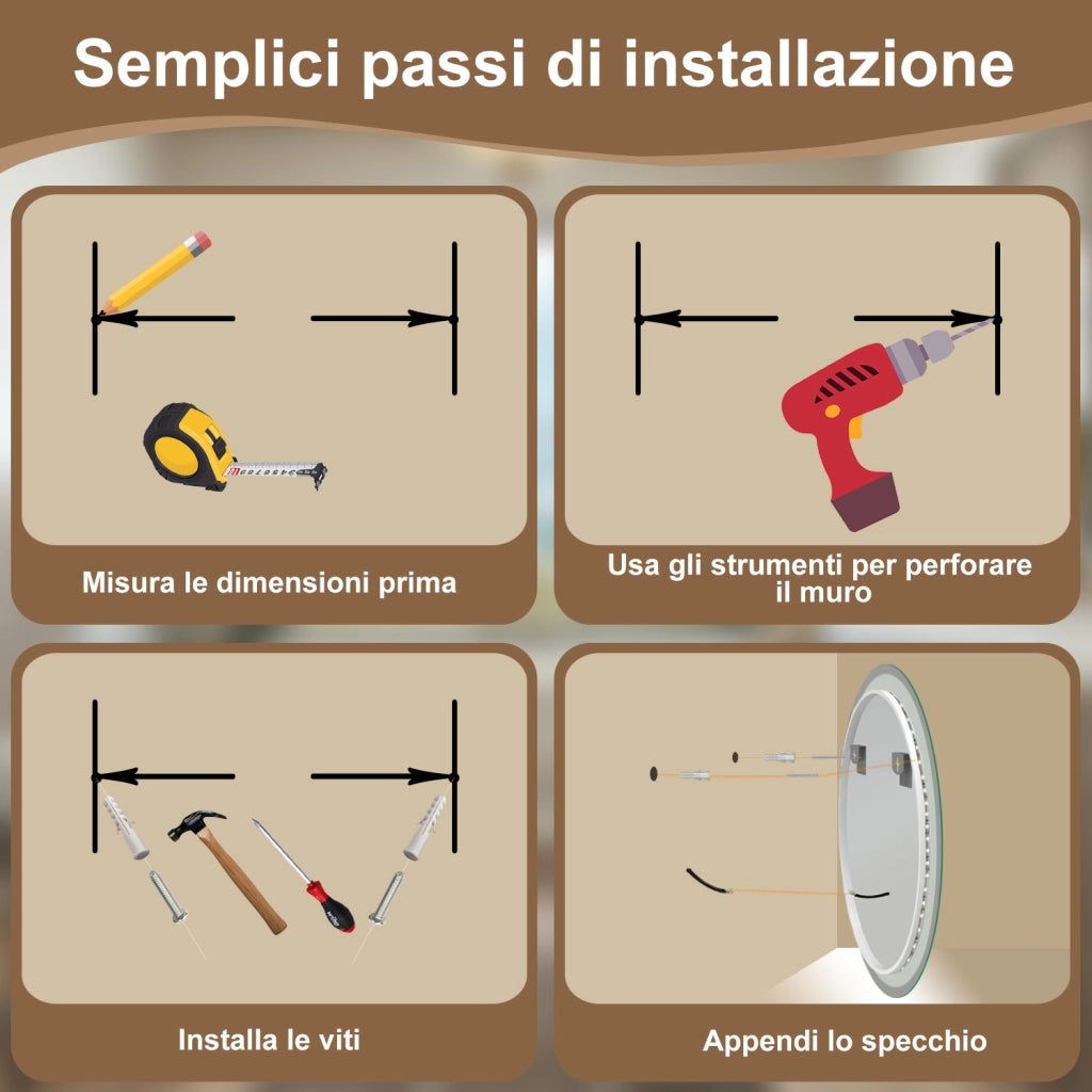 AICA SPECCHIO DA BAGNO ROTONDO CON LED 70 x 70 cm, antiappannamento, interruttore a sfioramento