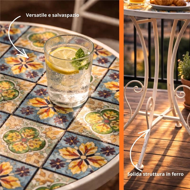 MA MAISON SET TAVOLO E 2 SEDIE PIEGHEVOLI DA GIARDINO IN METALLO CON MOSAICO SET 3 PEZZI