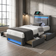 LETTO Polsterbett 90x200 cm con USB, LED e 4 cassetti, grigio
