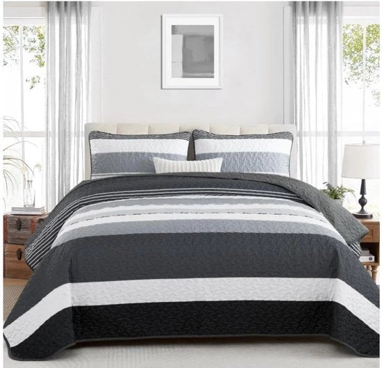Bedsprei 3-delig 220x240 cm Zwart e Bianco con Strisce per Doppia Piazza con 2 Cuscini con Cuscini in Microfibra per Doccia o Soggiorno