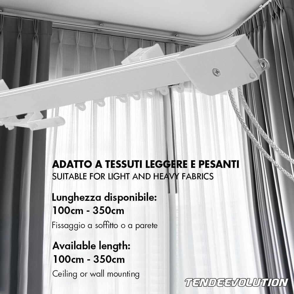Binario Scorritenda Lineare da Soffitto in Alluminio Bianco con Movimento a Corda Apertura Centrale - Riloga Bastone per Tenda 180cm