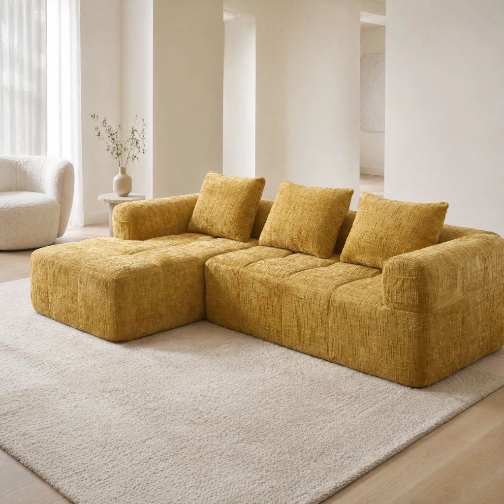 Sofà modulare a L con chaise longue 250x158x60 cm in chenille gialla; senza montaggio