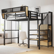 Letto a soppalco 90x200 in metallo con scala di sicurezza e ripiano flessibile, nero