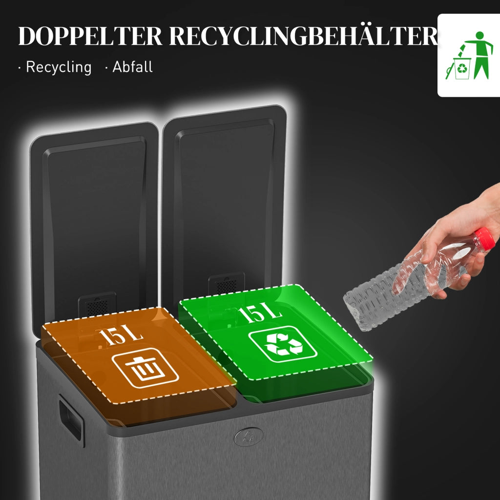Doppio Cestino per Rifiuti ¨C zephmum ¨C Nero, Acciaio Inox, Plastica, 15 Litri