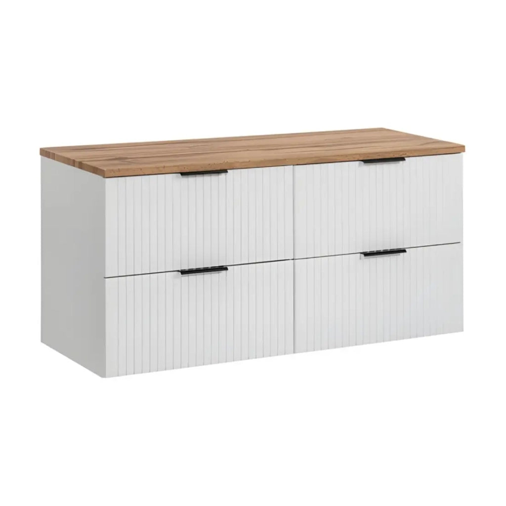 Set da bagno NOXERA 120 cm – Bianco alpino – Piano per lavabo in rovere wotan