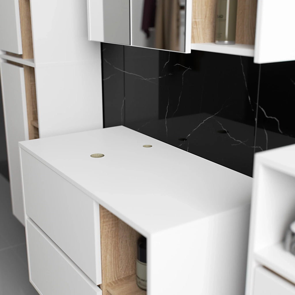 Set di mobili da bagno sospesi VAMI in Bianco con interno Quercia Sonoma con fori per lavabo da appoggio