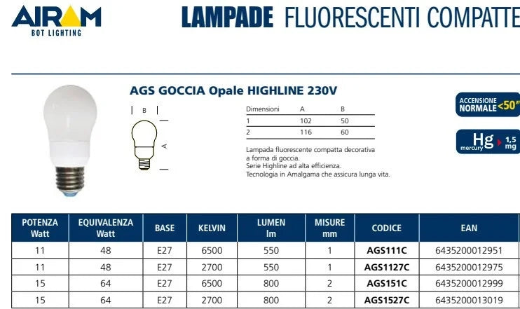 Lampada ai l.fredda fluor. gocc. ags151c e27 15w compatte decorat