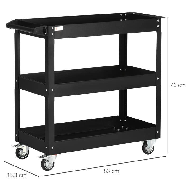 CARRELLO PORTA ATTREZZI A 3 LIVELLI IN ACCIAIO CON BORDI ALTI E 4 RUOTE GIREVOLI 83X35.3X76 CM NERO