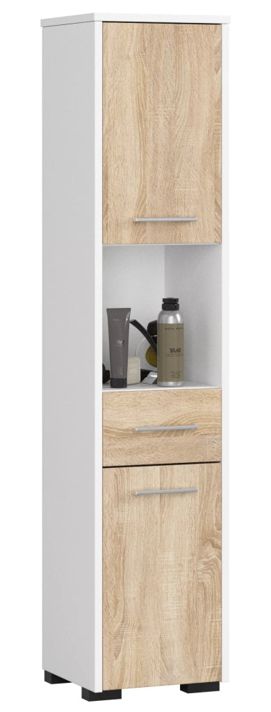 Colonna da bagno AKORD FIN Bianca 30 cm 2 ante 1 cassetto inserto frontale Sonoma Quercia 30x30x140 cm