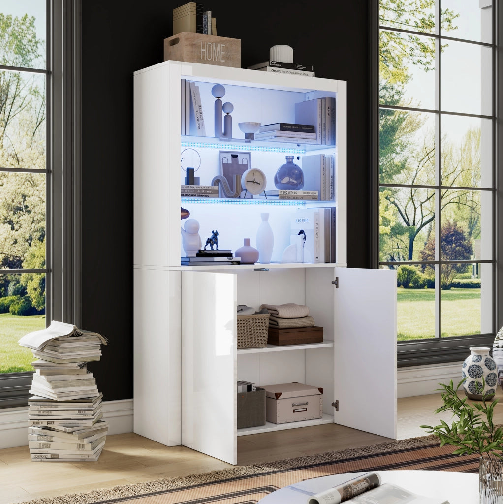 Vetrina 100x35x170 cm con LED e ripiani in vetro temperato; MDF bianco
