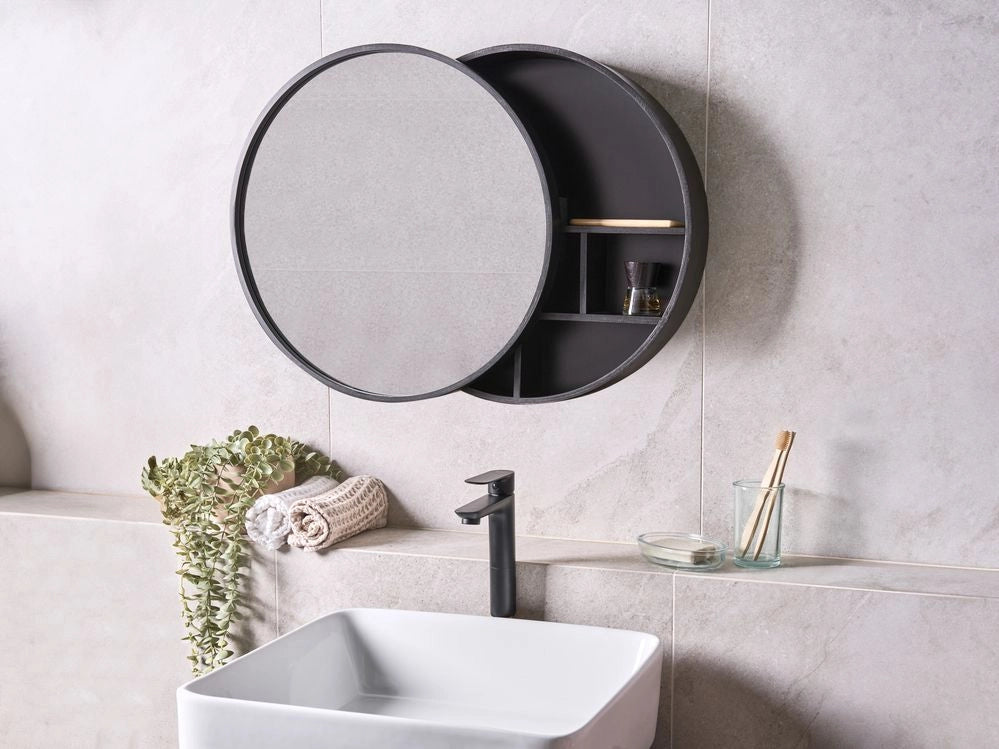 Armadietto a muro per bagno con specchio 50 x 50 cm Legno di bambù Pratico contenitore Stile moderno Bagno Nero