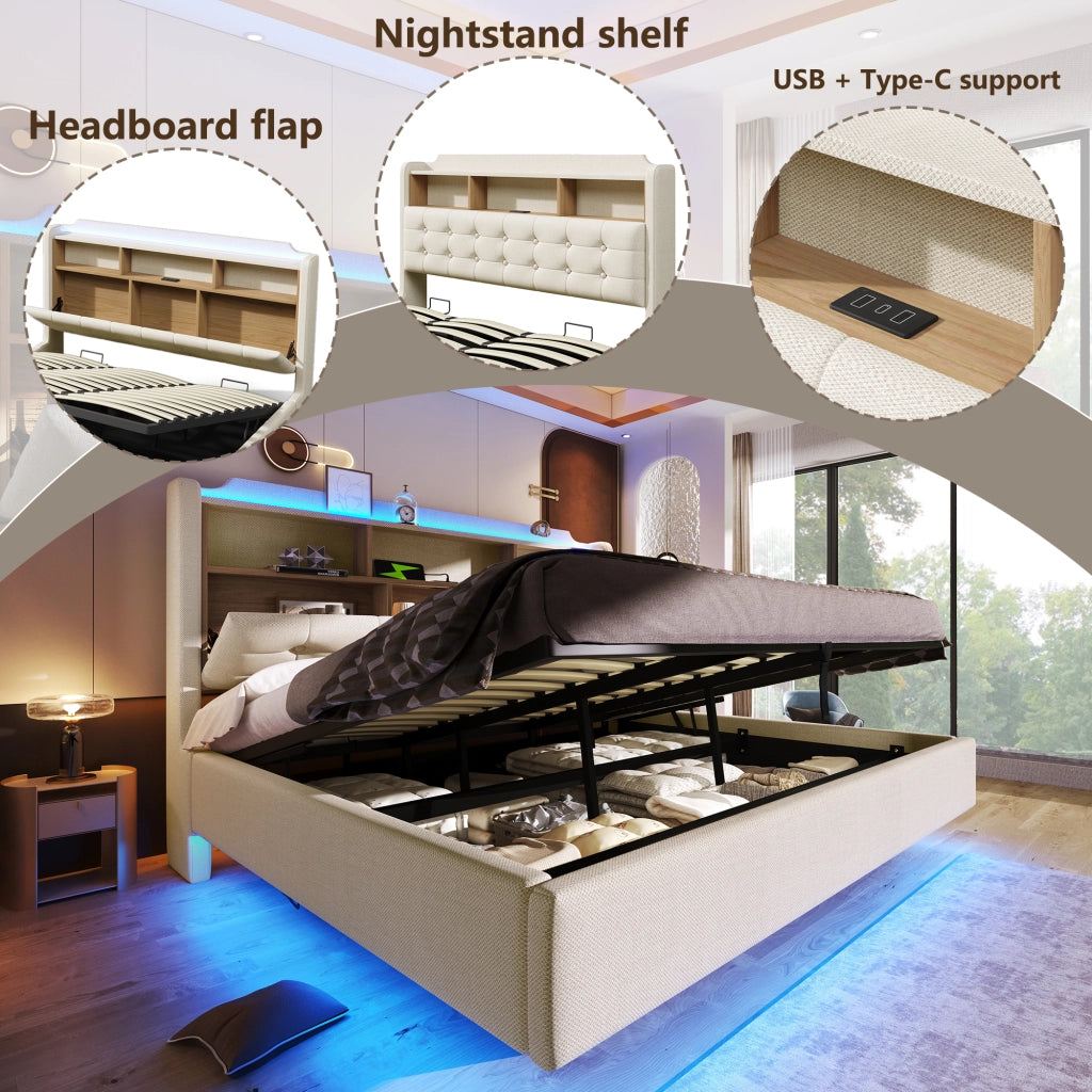 DESMIU Letto contenitore 180 × 200 cm 2 posti con LED, USB, Type-C, senza materasso, beige