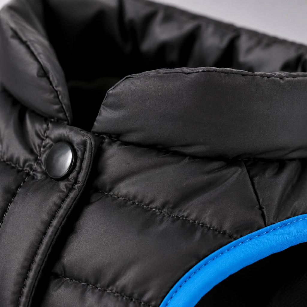 Cappottino Imbottito per Cani con Collo Alto Antivento, Giubbotto Invernale Trapuntato con Chiusura a Bottoni, Giacca Calda e Leggera per Cani di Piccola, Media e Grande Taglia, Nero con Profili Blu  Nero - M